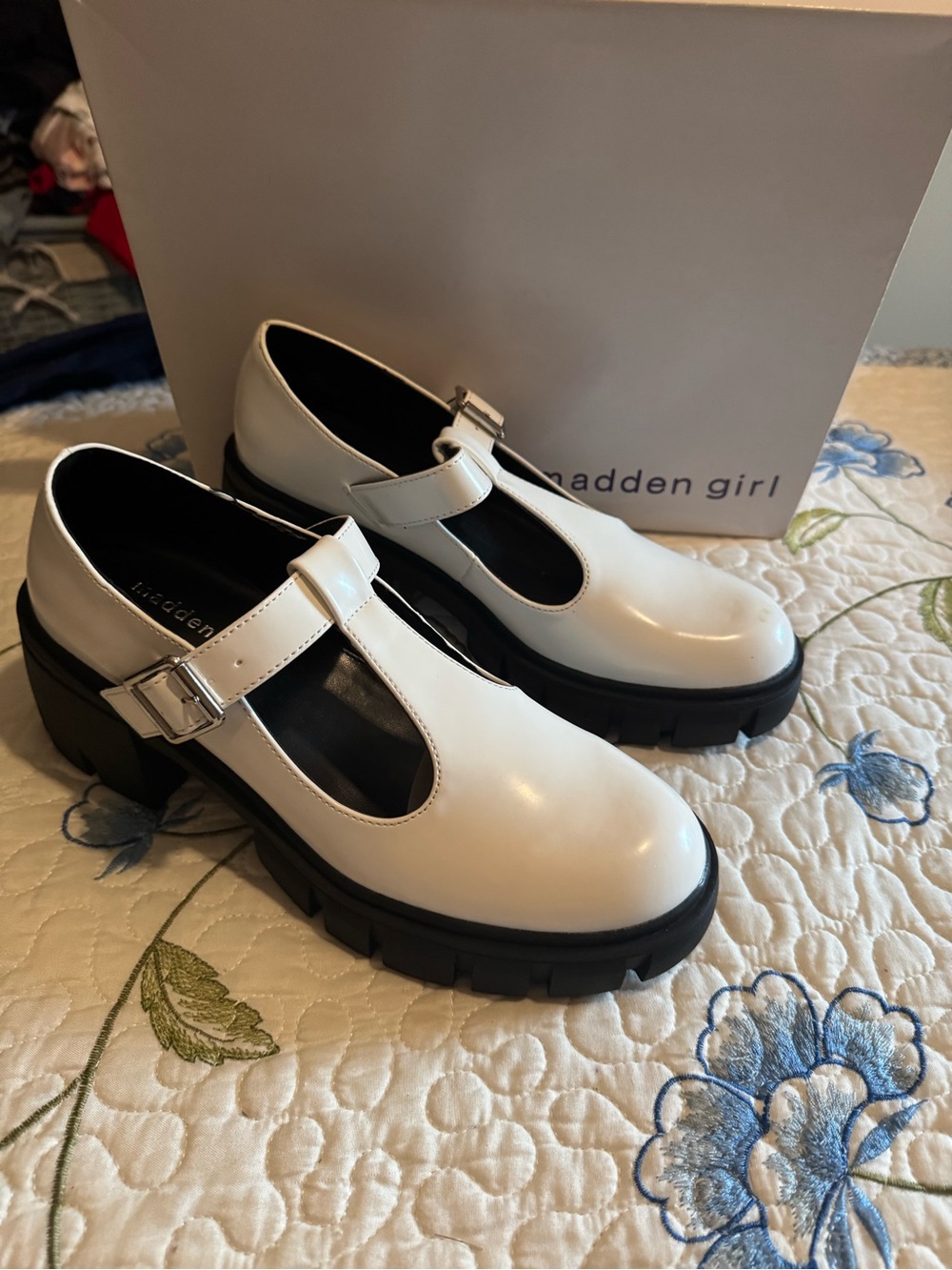 Madden Girl White Patent Mary Jane Platform Shoes with Black Lug Sole